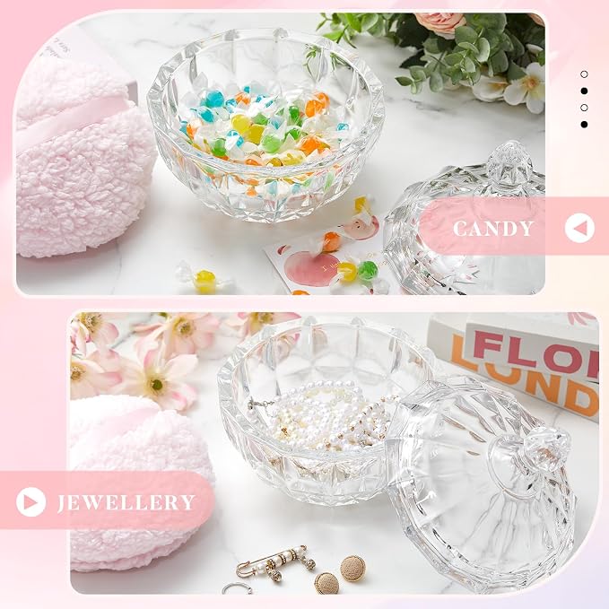 Tioncy 2 Pcs Extra Large Dusting Powder Puff and Container for Women-6'' Glass Crystal Dusting Powder Container with Body Soft Washable Reusable Velour Face(Clear,Diamond)