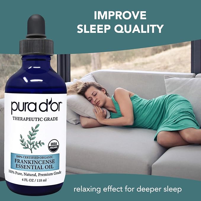 PURA D'OR ORGANIC Frankincense Essential Oil (4oz with Glass Dropper) 100% Pure & Natural Therapeutic Grade For Hair, Body, Skin, Aromatherapy Diffuser, Relaxation, Meditation, Mood, Massage, DIY Home