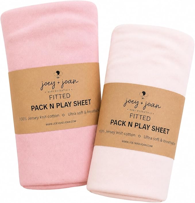 Pack and Play Sheets Fitted – Compatible with Graco Pack n Play Playard Crib and Other 27 x 39 Inch Playpen Mattress – Snuggly Soft 100% Jersey Cotton – Muted Pink + Soft Pink – 2 Pack