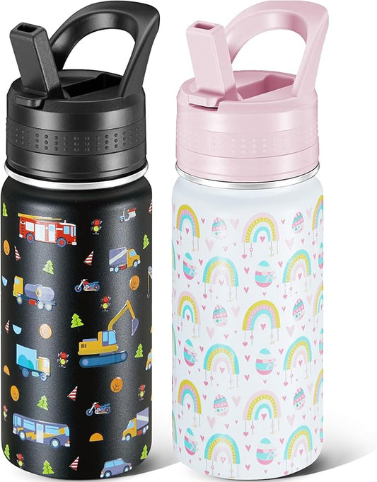 2 Pack Kids Water Bottle,14oz Stainless Steel Insulated Water Tumbler Leak-Proof,School Water Mug,Small and Portable,Suitable for Boys and Girls to Use(Black car + White rainbow)