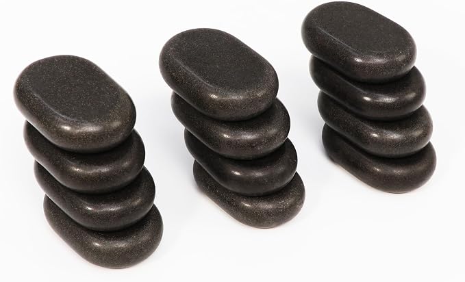 Master Massage 12-Piece Middle Sized Ovular Black Lava Hot Stone Massage Set –Medium Size Oval Stones 2.6" x 1.9" x 0.7" - Natural Basalt Stones for Spa, Salon, and Professional Massage Therapy