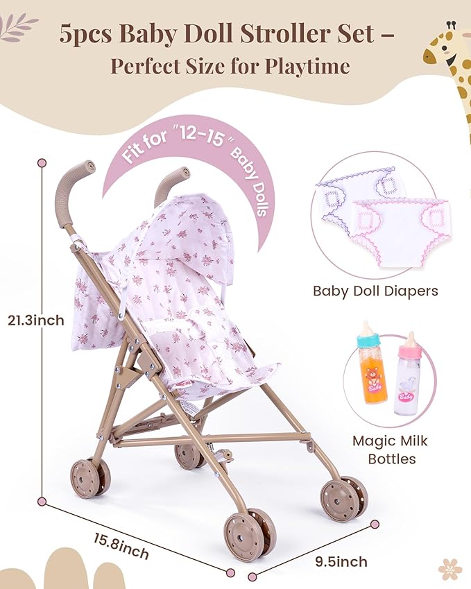 BABESIDE Baby Doll Stroller, Easy-to-Assemble Stroller for 3+ Girls, Includes 5-Piece Baby Doll Playset with Accessories for 12-15 Inch Dolls