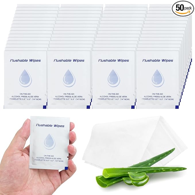 50 Flushable Wipes Travel Size Individually Wrapped for Women and Men | Unscented Wet Wipes Travel Size with Aloe Vera,Pure Water,Alcohol Free for Adult,Women,Men,Girl and Homeless(White)
