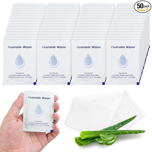 50 Flushable Wipes Travel Size Individually Wrapped for Women and Men | Unscented Wet Wipes Travel Size with Aloe Vera,Pure Water,Alcohol Free for Adult,Women,Men,Girl and Homeless(White)