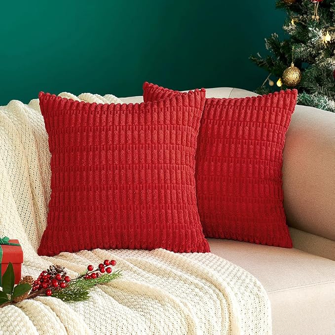 MIULEE Corduroy Decorative Throw Pillow Covers 16x16 Red Pack of 2 | Soft Boho Striped Pillow Covers Modern Farmhouse Home Decor For Sofa Living Room Couch Bed