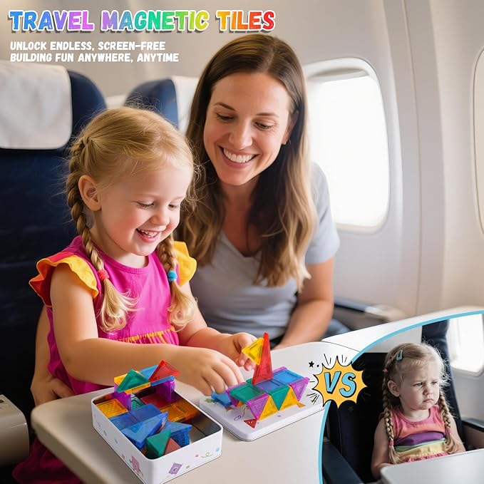 Magnetic Tiles 56pcs Travel Toys for Kids Toddlers, MINI Magnetic Building Blocks Set with Iron Box Base, Magnet Game, Plane Activities, Christmas Birthday Gifts for 3+ Years Girls Boys