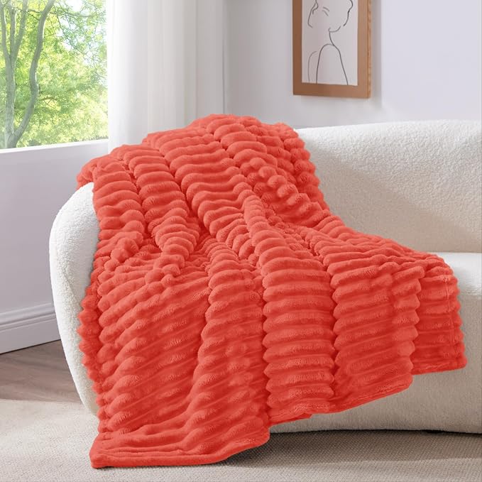 BEDELITE Striped Fleece Throw Blanket, Coral Red, 50"x60" | 300GSM Microfiber Fleece, Soft Cozy, Lightweight Warm, Double-Sided Plush, Machine Washable, Gift, Room Decor, for Couch Sofa