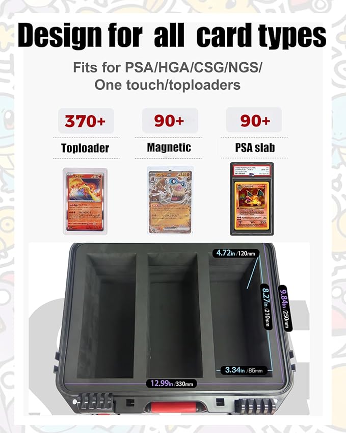 QINGUANG Graded Card Storage Box,Trading Card Case with 6 Foam Dividers,IP67 Waterproof PSA Slab Case for PSA/CSG/CGC/BGS Top Loaders Sports Cards (14.06"x11.81"x6.89")