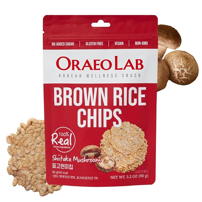 Korean Food Brown Rice Chips with Shiitake Mushroom, Vegan, 3.17 oz (90g) | Pressed brown rice chips with shiitake mushroom, made without frying and suitable for vegan diets