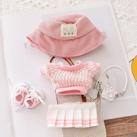 Clothes for 17cm Dolls Sweater Clothes Accessories(No Doll Only Clothes), Stylish Outfit Suitable for 6.69inch (17cm) Doll Soft Clothing Replacement(PinkA+hat+Dress++mini Pendant+Shoes)