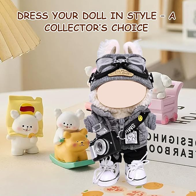 17cm Doll Clothes Set (6-Pcs Outfit), Stylish Clothing for Bunny Doll with Top, Pants, Shoes & Accessories, Just Clothes