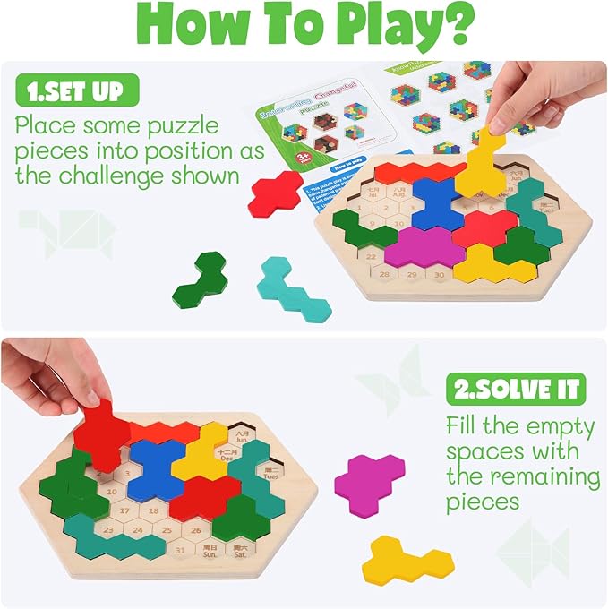 Yunsailing 3 Pack Hexagon Tangram Puzzle Wooden Brain Puzzles with Storage Bag Challenge Wood Russian Blocks Brain Teasers Geometric Jigsaw Block Logic Iq Stem for Family Party Gifts (Multilateral)