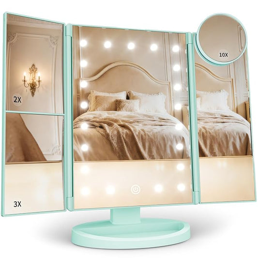 HUONUL Makeup Mirror, Vanity Mirror with Lights, 2X/3X/10X Magnification, Touch Control, Trifold Mirror, Dual Power Supply, Valentines Day, Gifts for Women, Wife, Mom, Teengirls