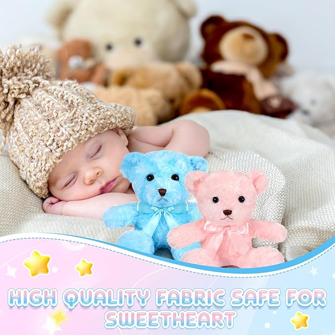 HyDren 24 Pcs Bear Bulk Plush Stuffed Animals 10 Inch Cute Soft Stuffed Bear with Green Bow for Baby Shower Birthday Gift Party (Pink, Blue)