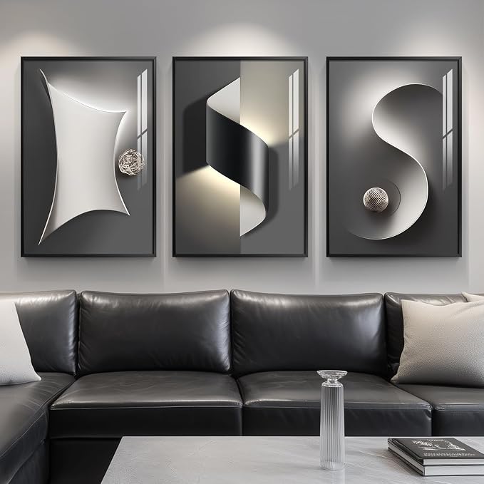 Framed Modern Black and White Abstract Wall Art for Living Room, Large 3 Piece Bright Style Silvery Artwork for Walls, Luxury Painting Prints for Dining Room Hallway Office Wall Decor, 24x36 In