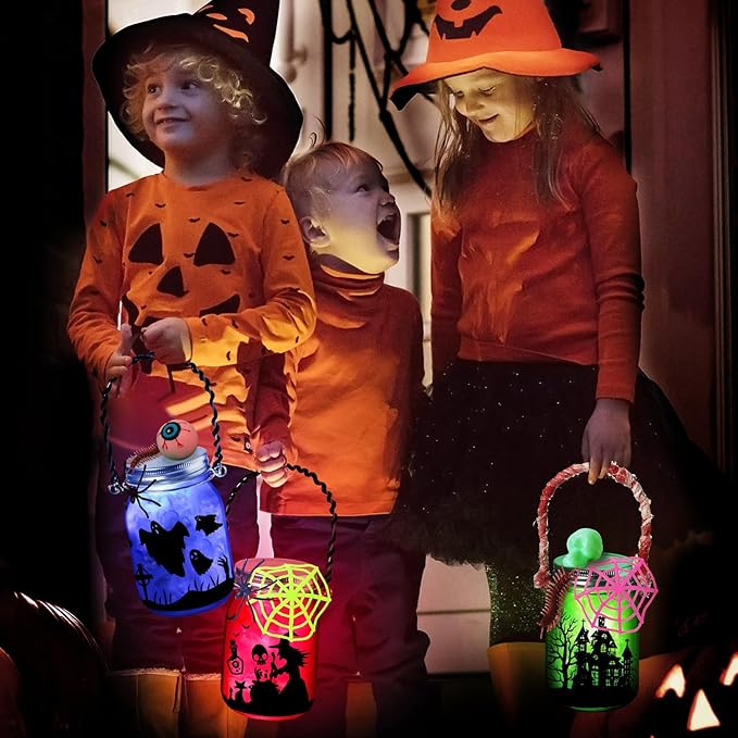 OCHIDO 12Pack Halloween Crafts for Kids, Halloween's Mason Jar with Accessories for Halloween Activities, DIY Lantern Jar Craft and Art Party Favor Supplies, Classroom Art Activities