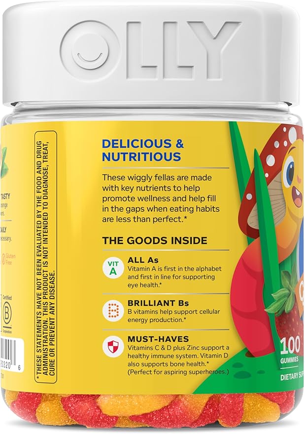 OLLY Kids Multivitamin Gummy Worms, Overall Health and Immune Support, Vitamins and Minerals A, C, D, E, Bs and Zinc, Kids Chewable Supplement, Sour Fruit Punch, 45 Day Supply - 100 Count