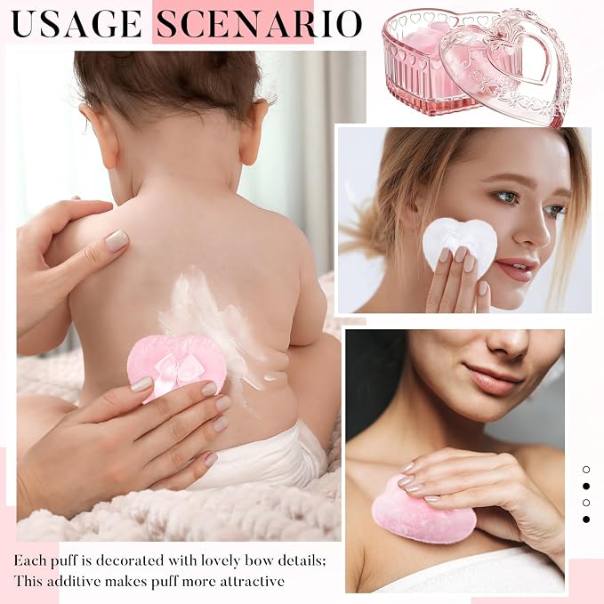 Tioncy 3 Pcs Large Body Powder Puff and Container Mother's Day Gift Powder Container with Puff Crystal Case Soft Washable Reusable Velour Face Body Glitter Wet Dry Makeup(Pink, Heart)