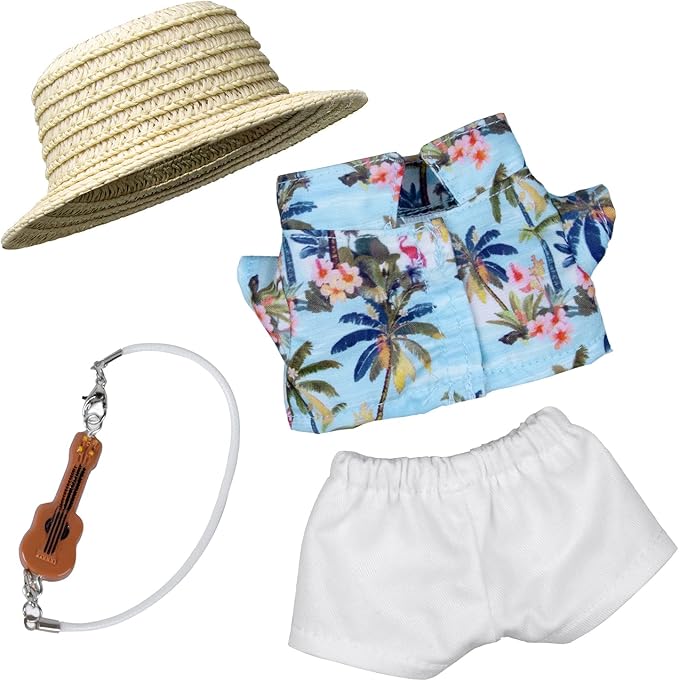 Clothes for 6.7in/17cm Doll, 4-Piece Set Summer Vacation Style Outfit for 6.7in/17cm Dolls, Doll Clothes Set，Includes Hat, Short-Sleeve Shirt, Pants and Miniature Guitar (SV-02)