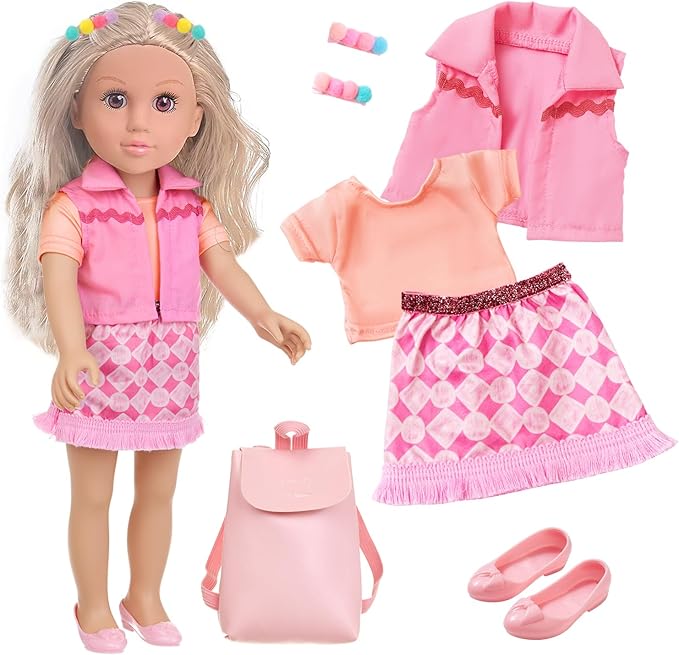 18 Inch Girl Doll Playset with Doll Clothes and Accessories Including 18 Inch Doll Jacket T-Shirt Skirt Shoes backbag Hairband for Little Girl