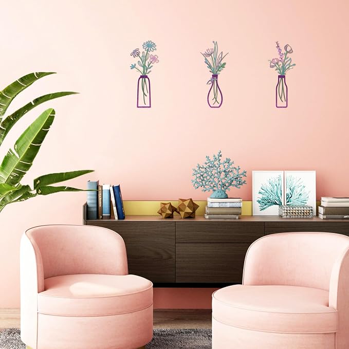 Pigort 3 Pieces Metal Flowers Wall Arts - Rustic Farmhouse Decor Purple Minimalist Flower Wall Decors for Living room Bathroom Bedroom Dining Room-Housewarming Gifts(Purple, Vase-C)