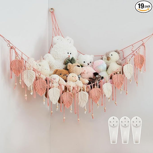 Pretty Jolly Macrame Stuffed Animal Hammock with Beads Hand Woven Leaf Tassels Corner Hanging Net Boho Plush Holder for Kid Room Nursery Decor Easy Install Organizer for Girls Gift(Leather Pink)