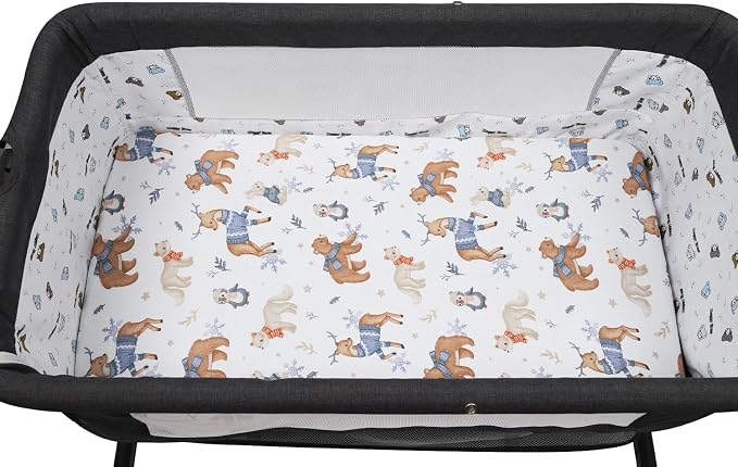 Pack n Play Sheet Stretchy Fitted Portable Mini Crib Sheets Set 2 Pack,Playard Sheets Convertible Playard Mattress Cover,Ultra Soft Jersey Material, Dark Blue & Bear Deer