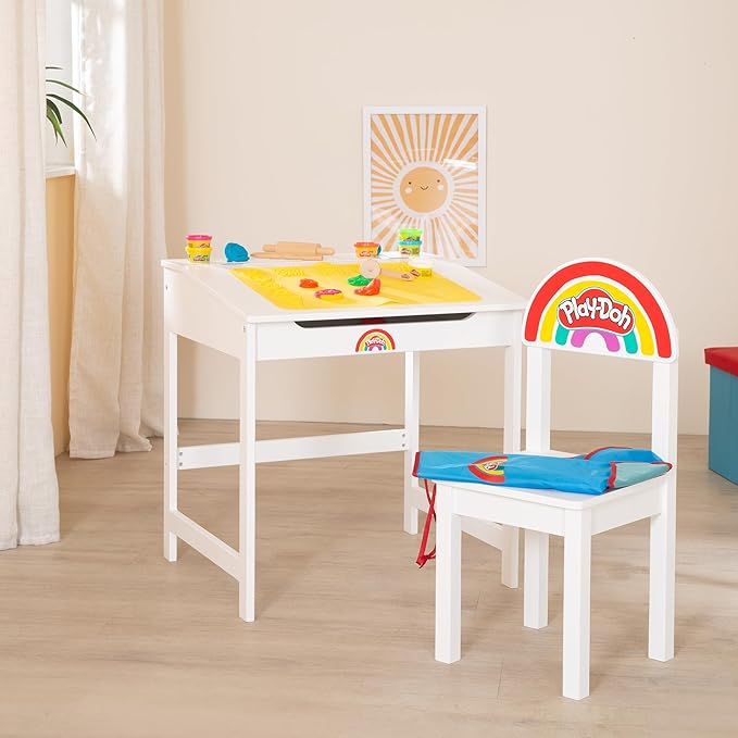 robaPlay-Doh Wooden School Desk & Chair Set with Playset | Creative Workspace for Kids with Storage, Tools, Mat | Fun Art & Craft Station for Boys & Girls 3+