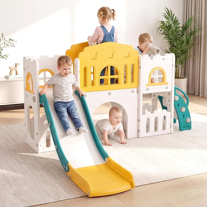 OLAKIDS Toddler Slide, Kids Indoor Outdoor Playground with Climber Basketball Hoop Telescope Tunnel Corridor Toy Storage Steering Wheel for Boys Girls Aged 1+ (Yellow, 70'')