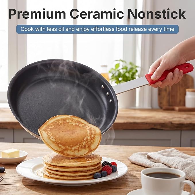 DUMOS 10 Inch Nonstick Frying Pan, Heavy-Gauge Aluminum Skillet with Ceramic Nonstick Coating, Stainless Steel Base & Handle, Omelet Pan for Induction, Electric, Gas, PFAS Free, Oven Safe, Red Handle