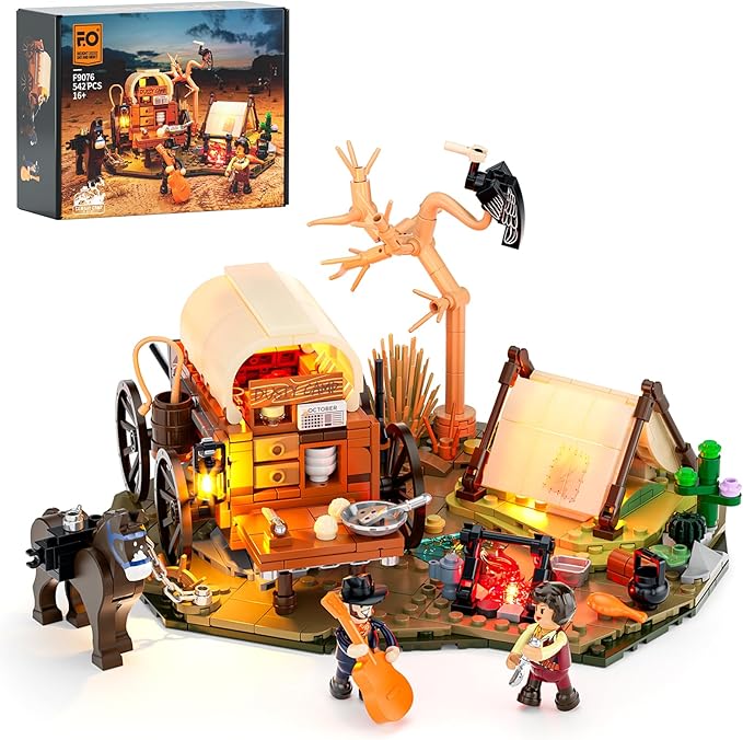 FUNWHOLE Cowboy Camp Lighting Building-Bricks Set - The Old West Shelter with Covered Wagon and Horse 542 Pcs Collection Display Set for Adults and West Lovers
