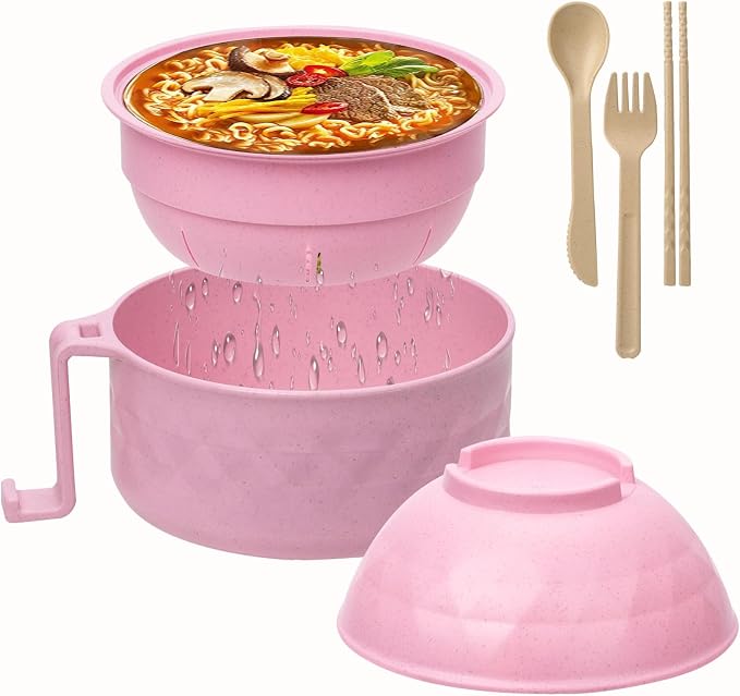 OZY Microwave Ramen Bowl，Ramen Noodle Cooker with Spoon Chopsticks Fork，Ramen Cooker with Handles，College Dorm Room Essentials，BPA-Free (Pink)
