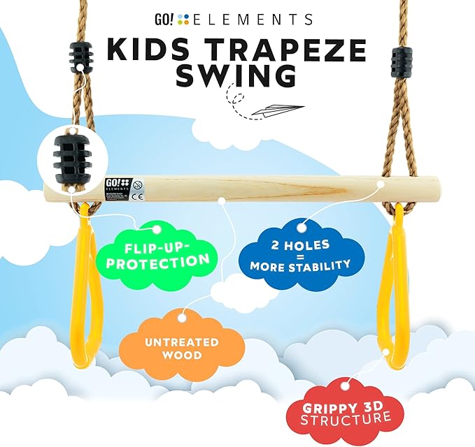 Trapeze Swing Bar for Kids Indoor & Outdoor | Adjustable Trapeze Bar with Rings for Swing Set | Hanging Gymnastics Bar for Monkey Bars, Ninja Course & Play Set