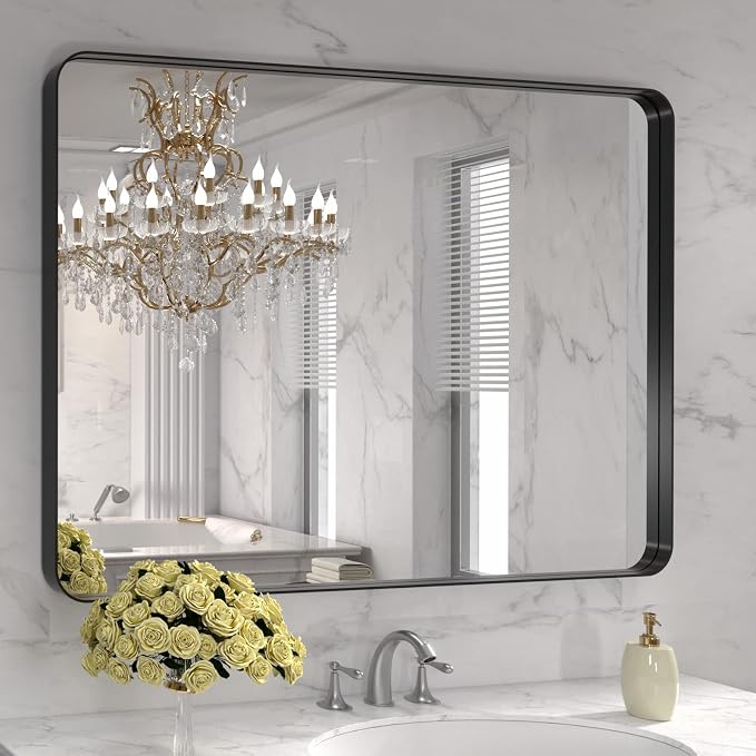 LOAAO 40X32 Inch Black Metal Framed Bathroom Mirror for Wall, Matte Black Bathroom Vanity Mirror Farmhouse, Large Rounded Rectangle Mirror, Anti-Rust, Tempered Glass, Hangs Horizontally or Vertically | Matte Black, Rounded Rectangle Mirror, Anti-Rust, ...