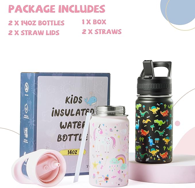 2 Pack Kids Water Bottle,14oz Stainless Steel Insulated Water Tumbler Leak-Proof,School Water Mug,Small and Portable,Suitable for Boys and Girls to Use(Black dinosaur + Pink unicorn)