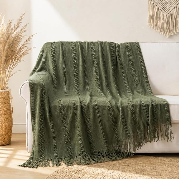 BATTILO HOME Olive Green Throw Blanket for Couch, 50"x60" | Dark Green Blanket with Tassels for Home Decor, Decorative Knitted Throw Blanket for Couch Cover