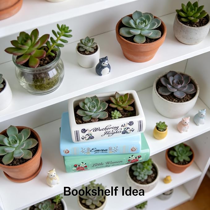 Book-Shaped Decorative Planter Pot - Unique Plant Vase & Bookshelf Desktop Office Decor for Book Lovers|Ceramic Planter with Drainage| Gift for Plant Lovers, Home Decor Enthusiasts
