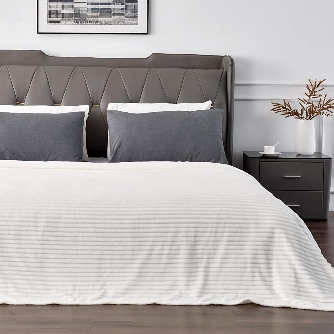 BEDELITE Ribbed Jacquard Off White King Size Blankets for Bed, 108x90 Inch | Soft Warm Decorative Fluffy Blanket, Cozy Fuzzy Lightweight Plush Fleece Throw Blankets for Bed, Room Decor, Gift for Women