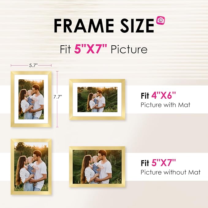 5x7 Picture Frame Set of 2, Gold Picture Frames Collage for Tabletop or Wall Display, Photo Frame with HD Plexiglass, Display Pictures 4x6 with Mat or 5x7 Without Mat