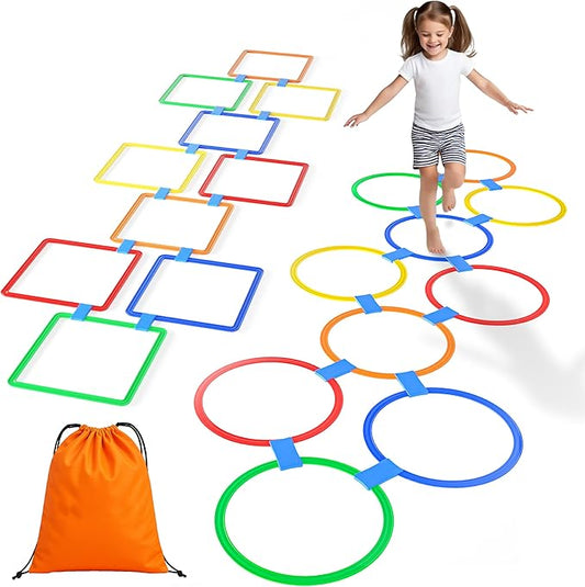 Hopscotch Rings – Hoop + Square, 2-Set – (10 Round + 10 Square, 15-inch) + 30 Connectors, Agility Rings for Kids, Gross Motor Skills, Preschool & Kindergarten PE, Playground Obstacle Course