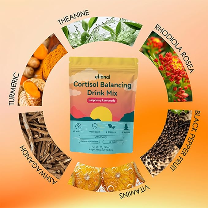 Cortisol Drink Mix for Mental Clarity & Digestive Comfort – Ashwagandha + L-Theanine Powder – Raspberry Lemonade Flavor – 20 Single-Serve Packets (Raspberry Lemonade)
