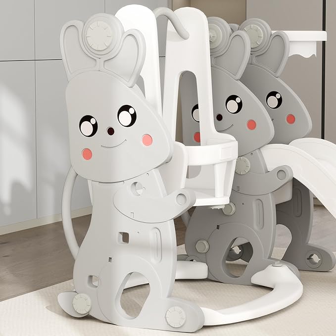 Qaba 4 in 1 Toddler Slide and Swing Set, Kids Playset for Ages 1.5-4, Rabbit Themed Children Slide Playground with Climber, Basket Hoop, for Indoor Outdoor Backyard, Gray