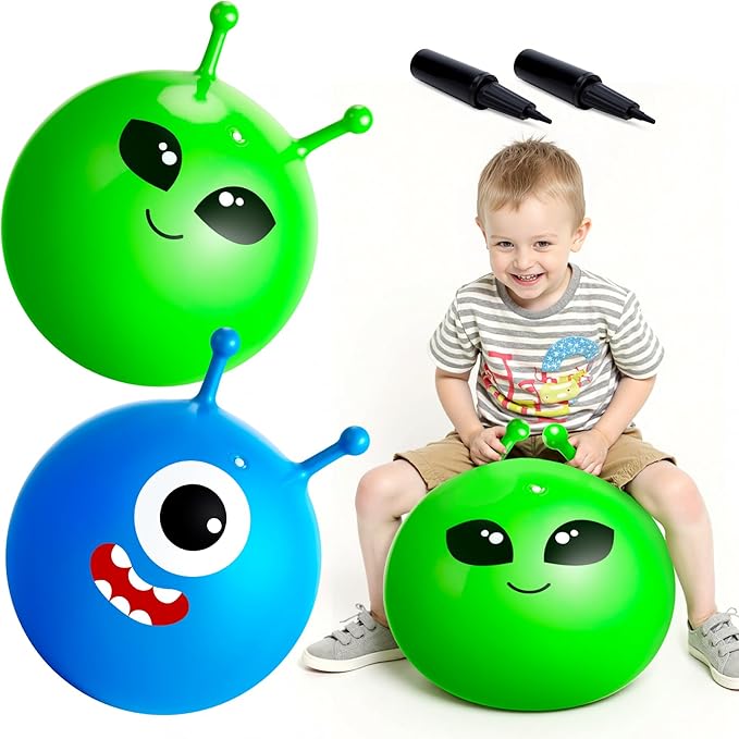 ZOOJOY Hopper Ball 2 Pack, 18In Bouncy Ball with Handle, Horn Hop Balls for Kids Ages 3-8, Alien & Blue Monster Hopping Toy Gifts for Boys & Girls, with Pump for Indoor Outdoor Play