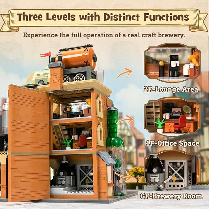 Craft Beer Brewery Building Set for Adults – Vintage Microbrewery Factory Model with Modular Architecture, Dynamic Mechanisms, Self-Developed Minifigures & Display-Ready Design