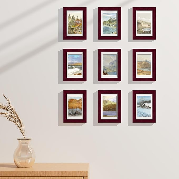 Vittanly 4x6 Picture Frames Set of 9 for Wall Mount & Tabletop, Cherry Red | Display Pictures 3.5x5 with Mat or 4x6 without Mat, Small Photo Frames, Engineered Wood with Shatter Resistant Plexiglass