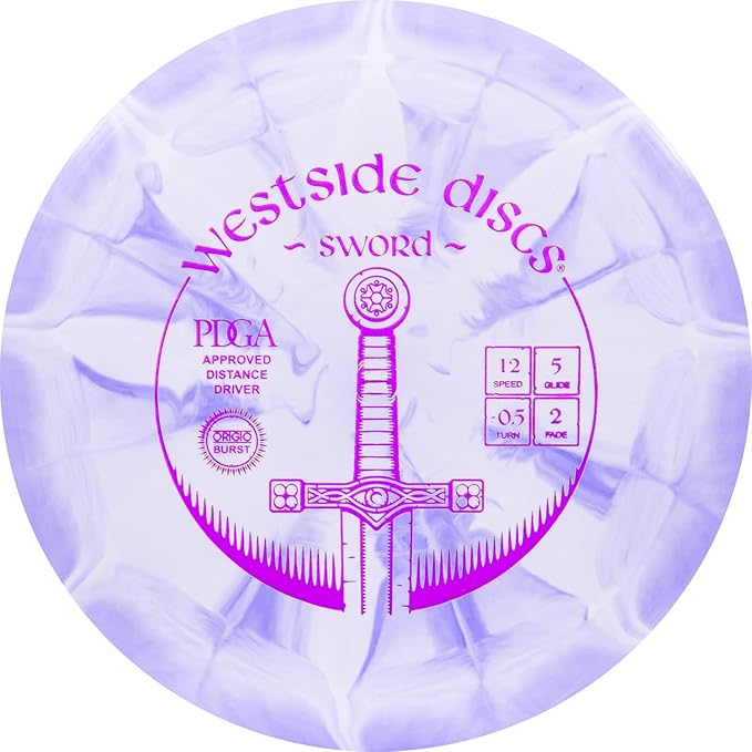 Westside Discs Origio Burst Sword Disc Golf Disc | User Friendly and Controllable Disc Golf Disc | Straight Flying Distance Driver | 170g Plus | Stamp Color Will Vary (Purple)