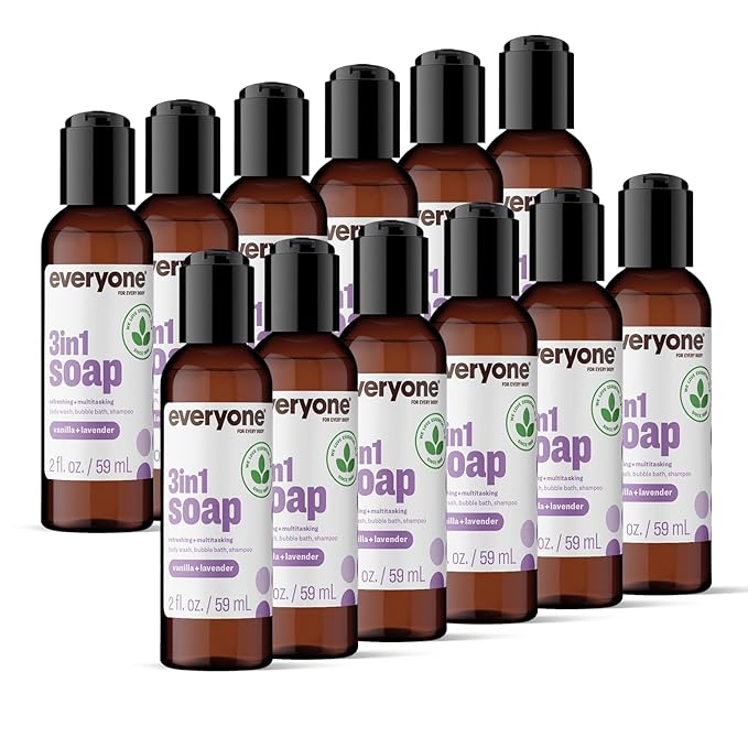 Everyone 3-in-1 Soap Body Wash, Bubble Bath, Shampoo, Travel Size, 2 Ounce (Pack of 12), Vanilla and Lavender, made with Essential Oils for Men and Women