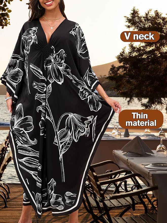 ChiaoLezhee Print Moo-Moos for Women, Kaftan Cover-Up Dresses, Sexy V-Neck High-Slit, Beach Pool-Party Coverups Muumuu Plus