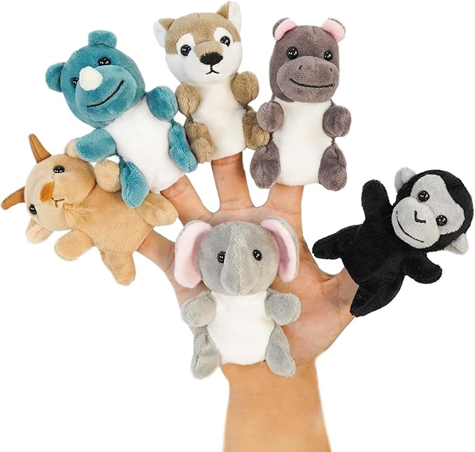 Jungle 6pcs Finger Puppets Set, Cute Animal Puppet for Role-Playing Mini Hand Puppets Hippopotamus Wolf Chimpanzee Rhinoceros Elephant Goat (jungle03)