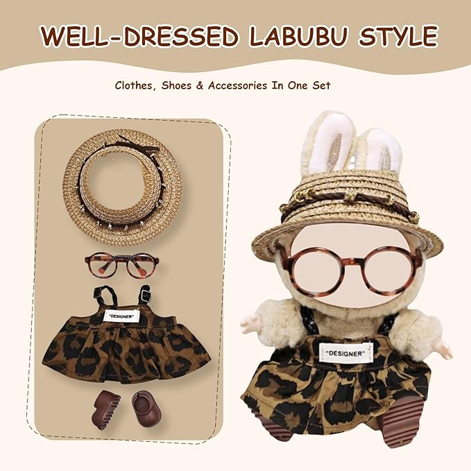 17cm Doll Clothes Set (6-Pcs Outfit), Stylish Clothing for Bunny Doll with Top, Pants, Shoes & Accessories, Just Clothes